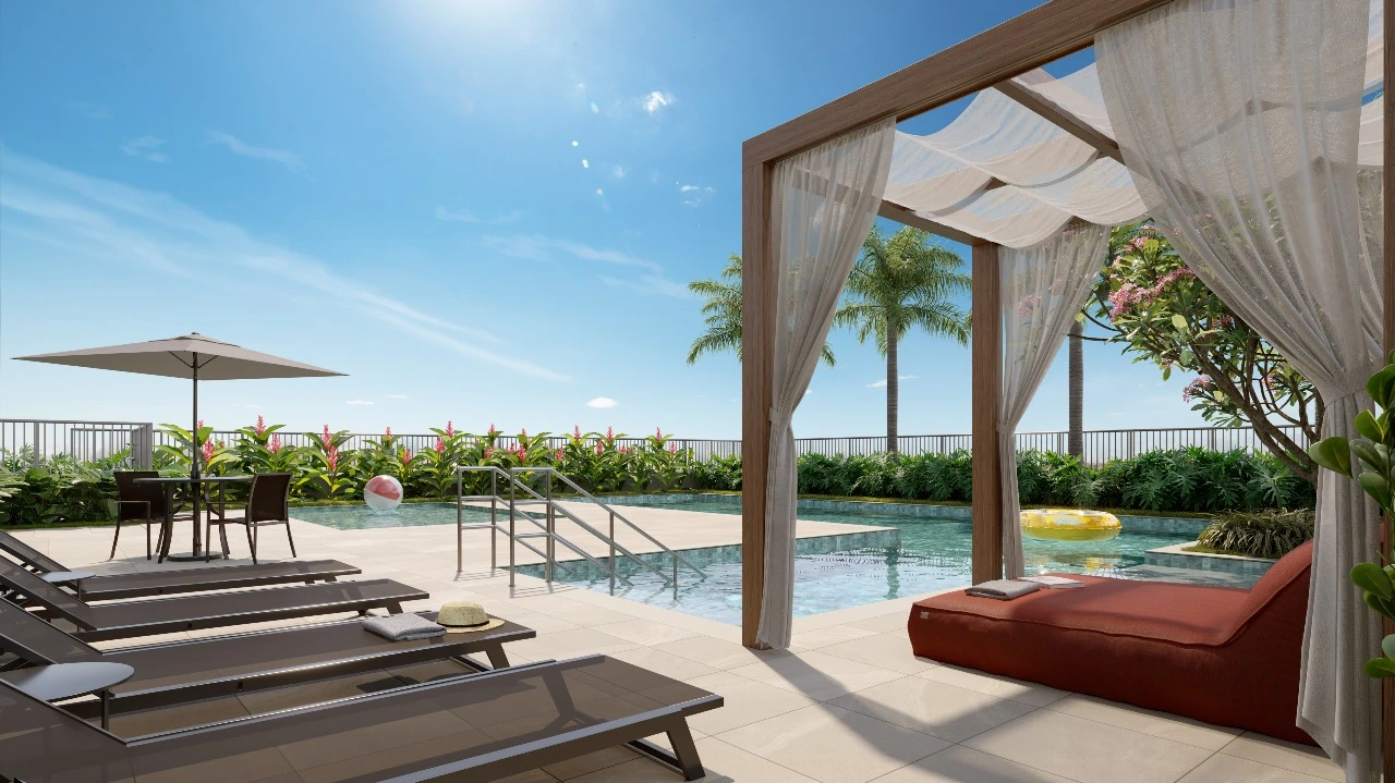 Piscina com Deck e Solário do empreendimento Elev Park Sacomã, em Ipiranga