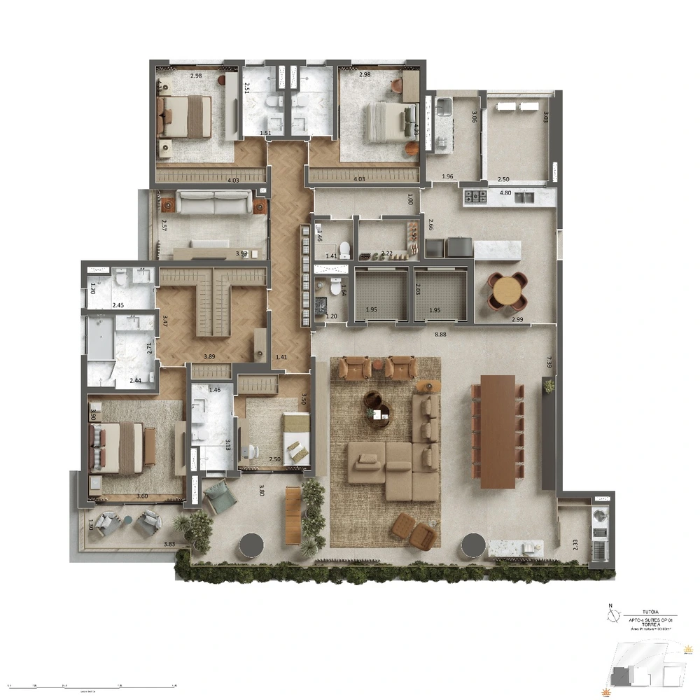 Planta Tipo - 300m² - 4 suítes 