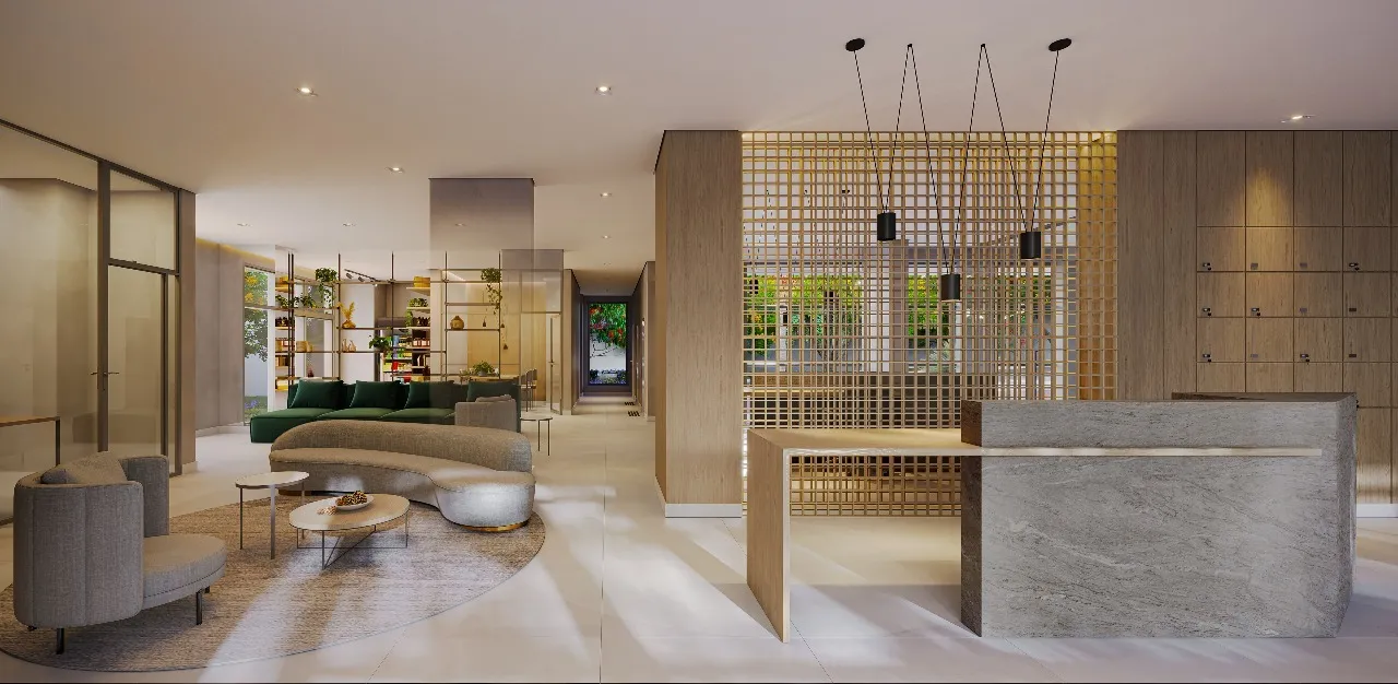 Lobby com coworking do empreendimento FC44 Vila Clementino, em Vila Clementino