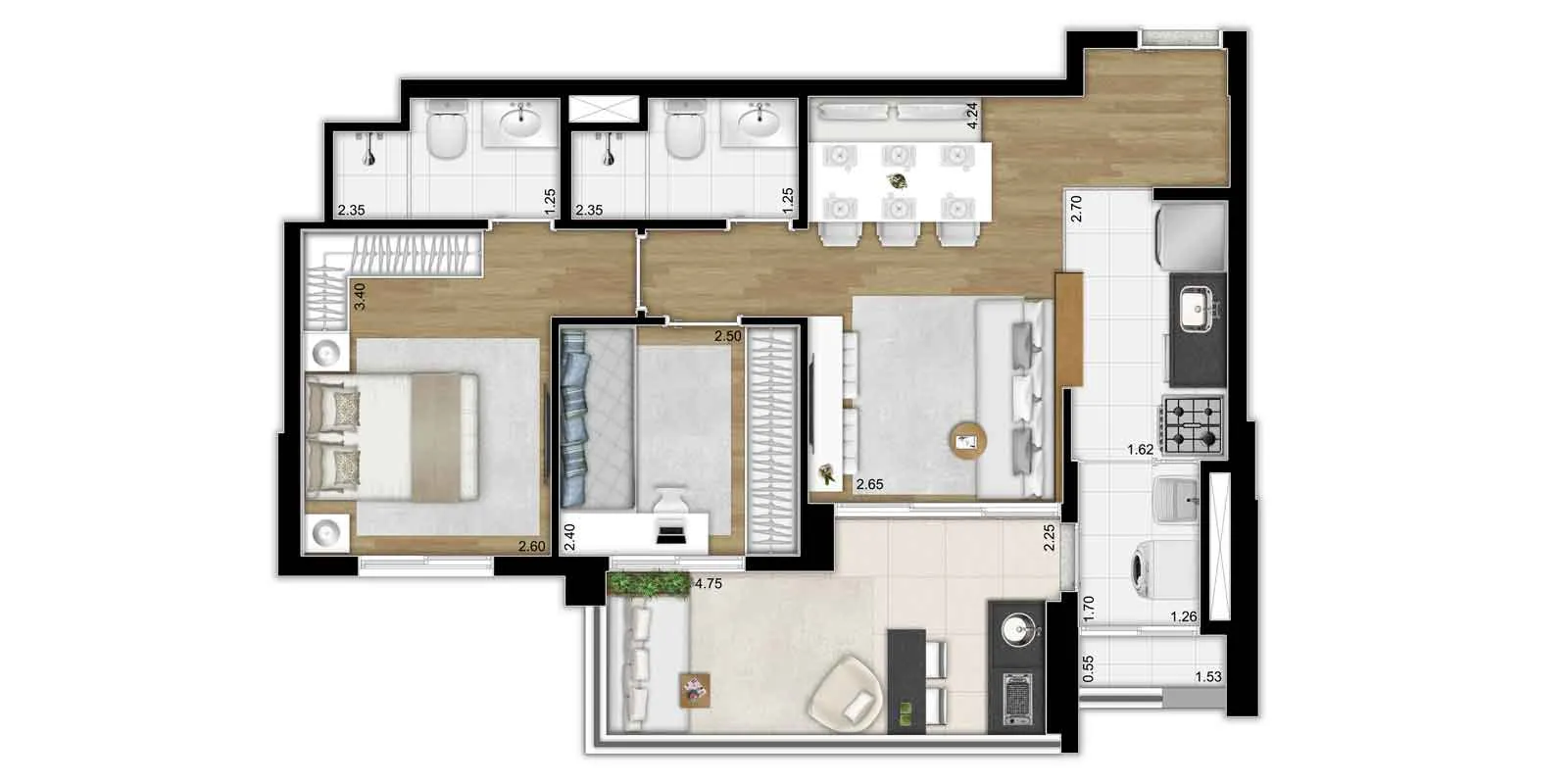 65m² - 2 dorms