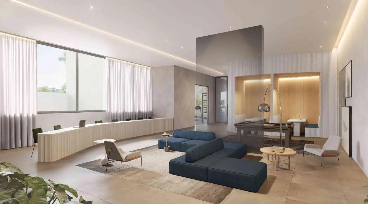 Lobby do empreendimento Valen Studios, em Pinheiros