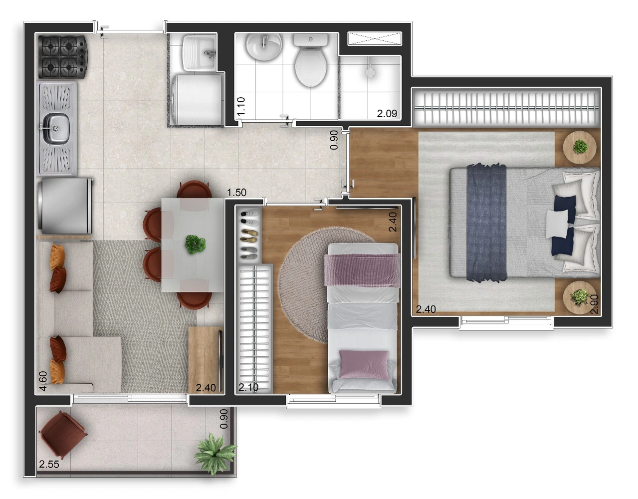 Planta 2 dormitórios, 34m²