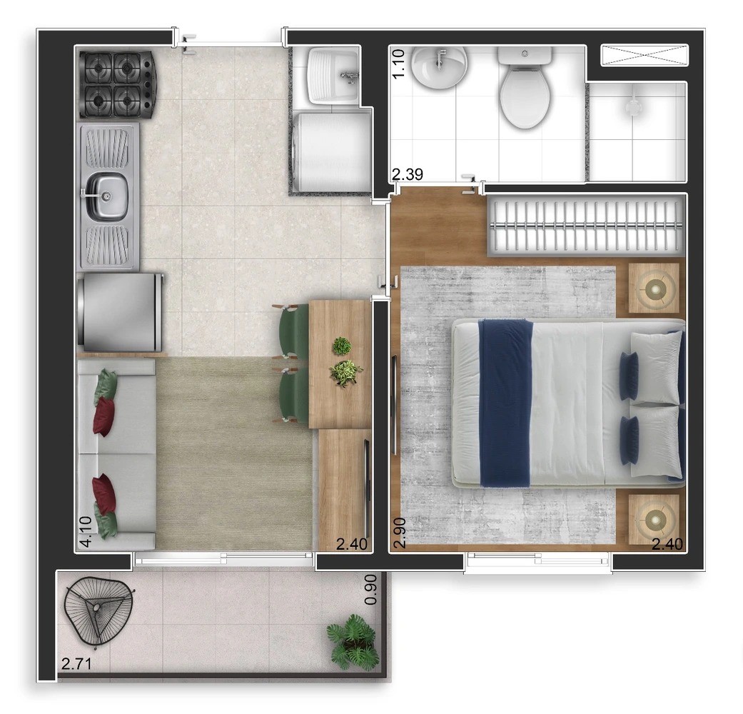 1 suíte com varanda - 25m² 1 suíte com varanda - 25m²