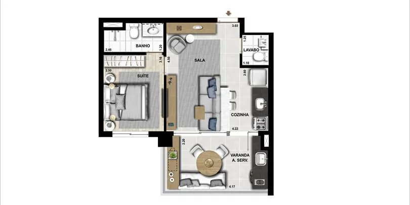 1 suíte - 44m² 1 suíte - 44m²