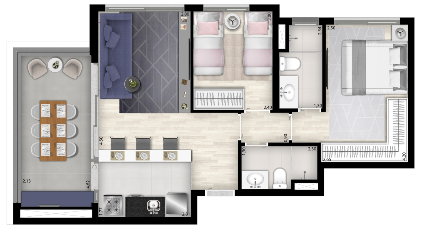 66 m² - 2 dorms (1 suite) 